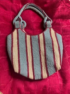 Beaded Striped Tote Bag - Blue, Cream & Red